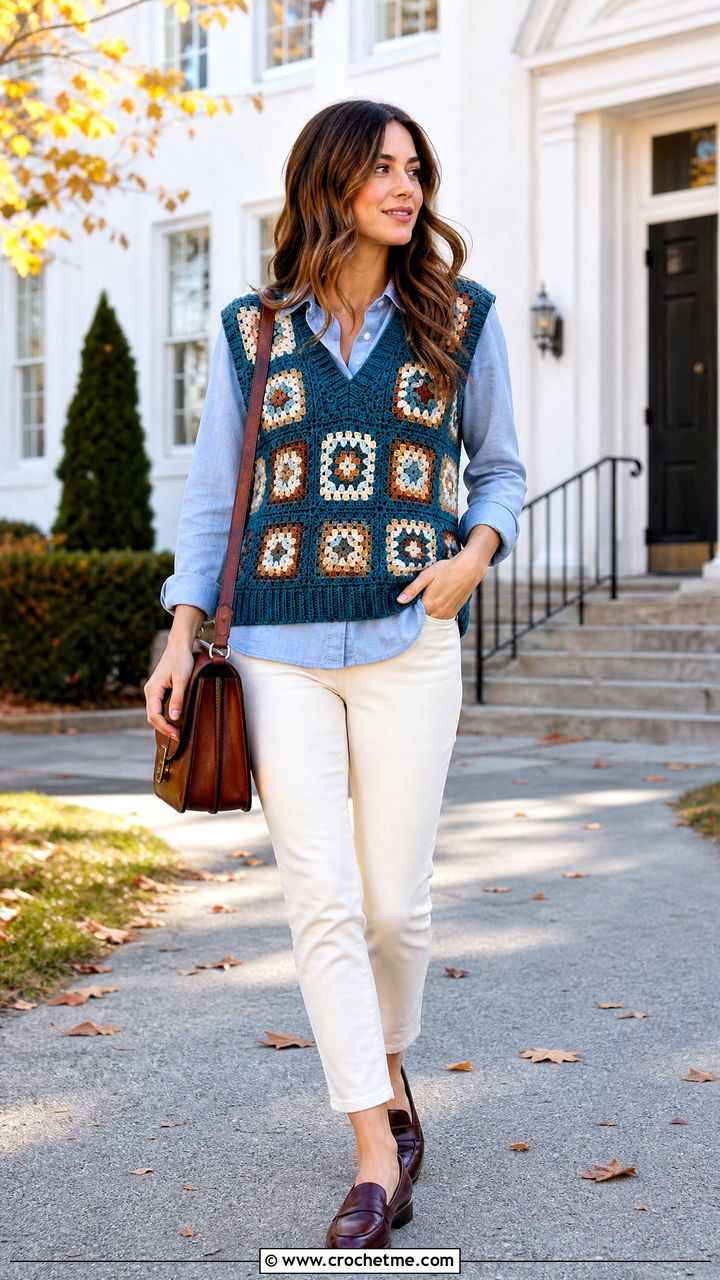V Neck Granny Square Vest Top With Denim Shirt - 35 granny square tops outfit ideas