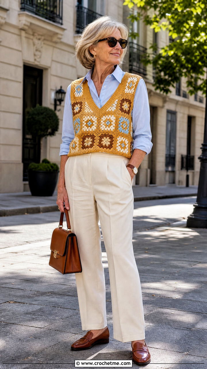 V Neck Granny Square Vest Top With Pleated Trousers - 35 granny square summer top outfit ideas