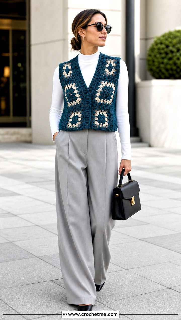 V Neck Granny Square Vest With Pleated Trousers - 15 Crochet Granny Square Vest outfit ideas