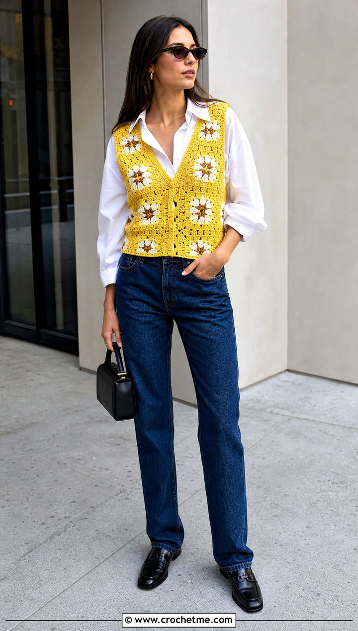 V Neck Granny Square Vest With White Shirt - 25 Granny Squares Vest outfit ideas