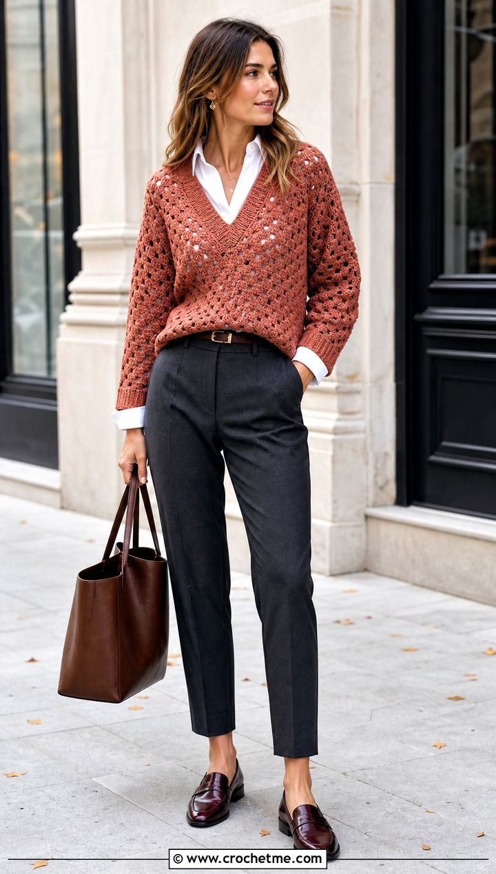 V Neck Granny Stitch Crochet Sweater With White Shirt - 25 Crocheted Sweaters For Women outfit ideas
