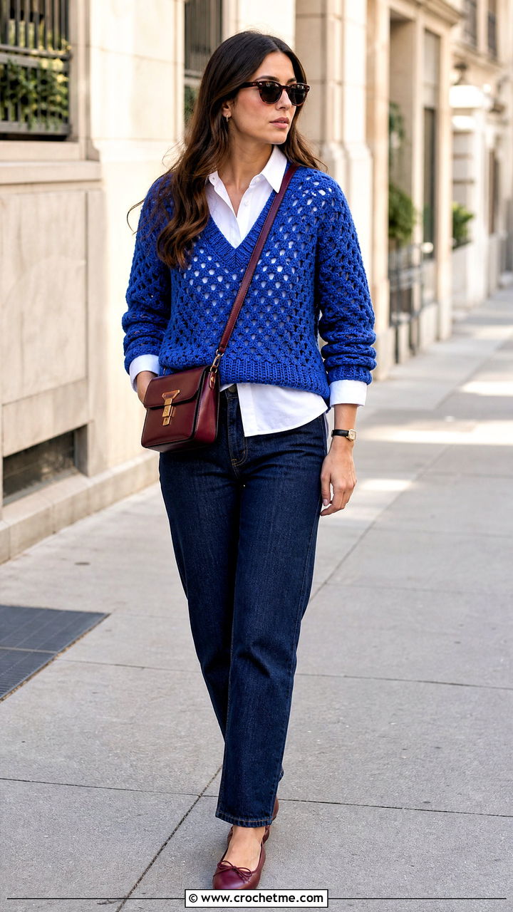 V Neck Granny Stitch Sweater With White Shirt - 35 crochet granny stitch sweater outfit ideas
