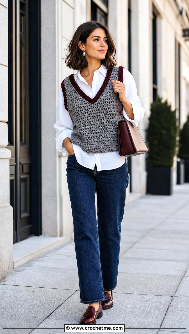V Neck Gray Crochet Sweater Vest With White Shirt And Jeans - 15 Gray Crochet Sweater Vest outfit ideas