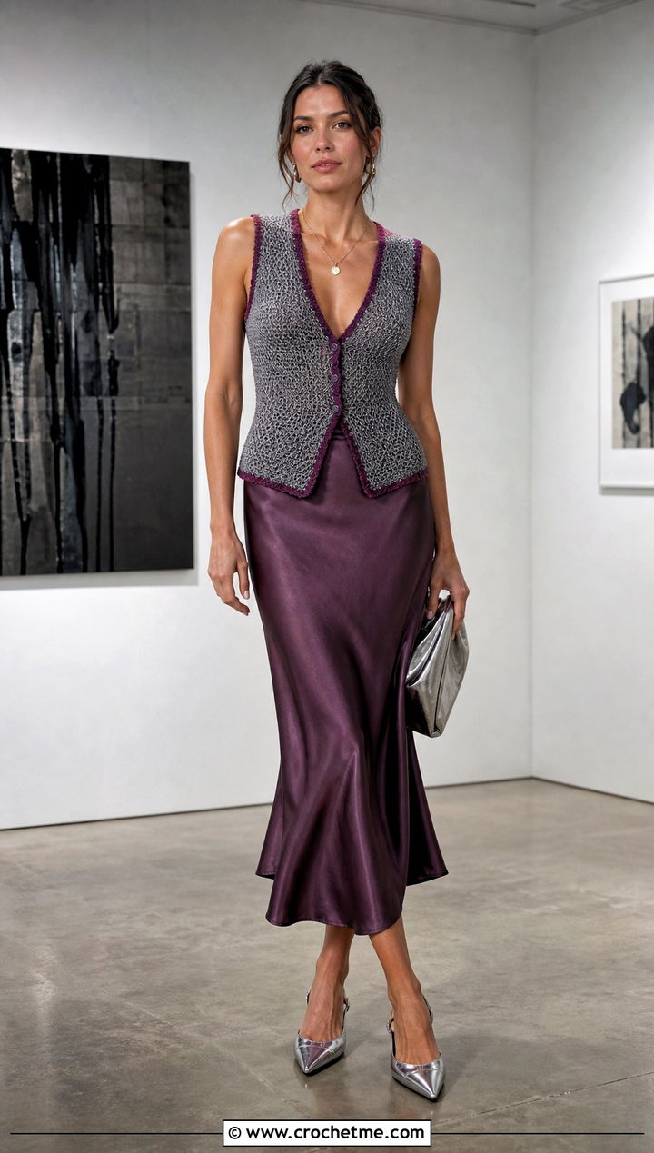 V Neck Gray Crochet Vest With Satin Midi Skirt - 15 gray crochet vest outfit ideas