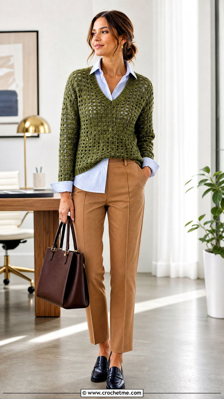 V Neck Green Crochet Sweater With Button Down Shirt - 35 green crochet sweater outfit ideas