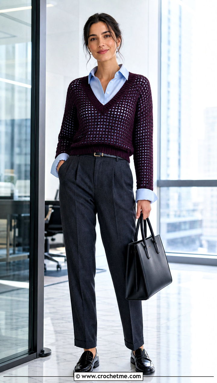 V Neck Grid Crochet Sweater With Button Down Shirt - 15 Grid Crochet Sweater outfit ideas
