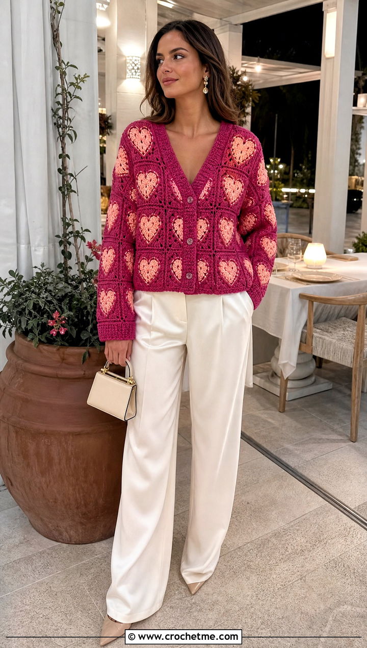 V Neck Heart Granny Square Cardigan With Satin Pants - 35 Heart Granny Square Cardigan outfit ideas