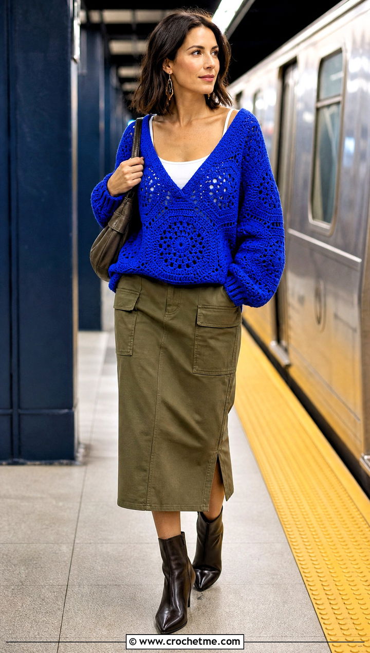 V Neck Hexagon Granny Square Pullover With Cargo Skirt - 35 hexagon granny square sweater outfit ideas
