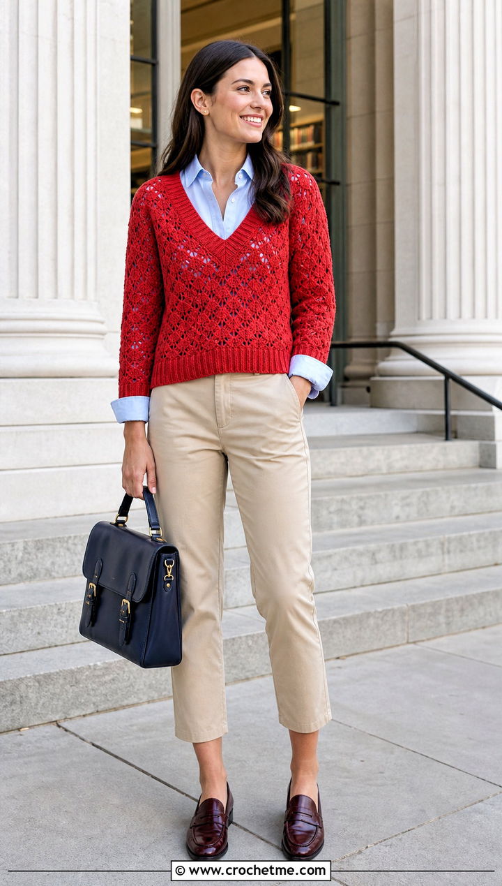 V Neck Hexagon Jumper With Button Down Shirt - 30 crochet hexagon jumper outfit ideas