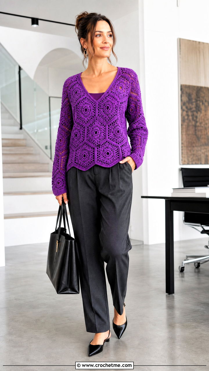 V Neck Hexagon Pullover With Tailored Trousers - 35 crochet hexagon pullover outfit ideas