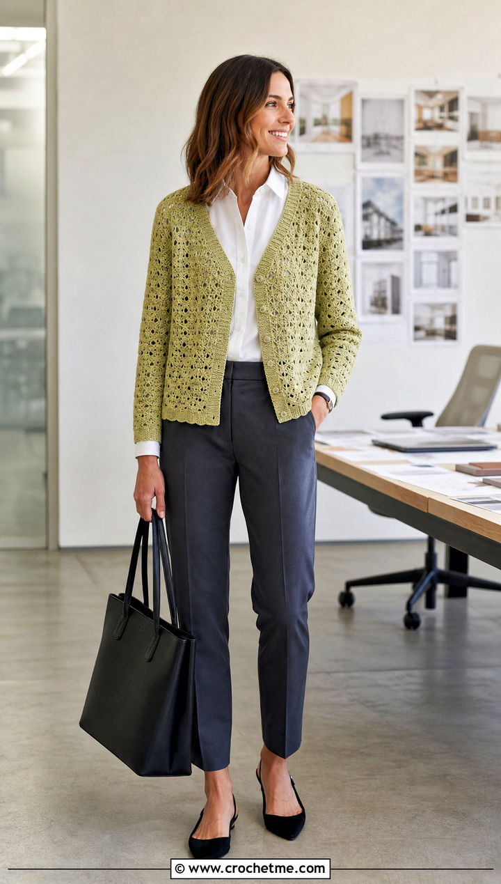 V Neck Hexi Crochet Cardigan With Poplin Shirt And Trousers - 35 hexi crochet cardigan outfit ideas