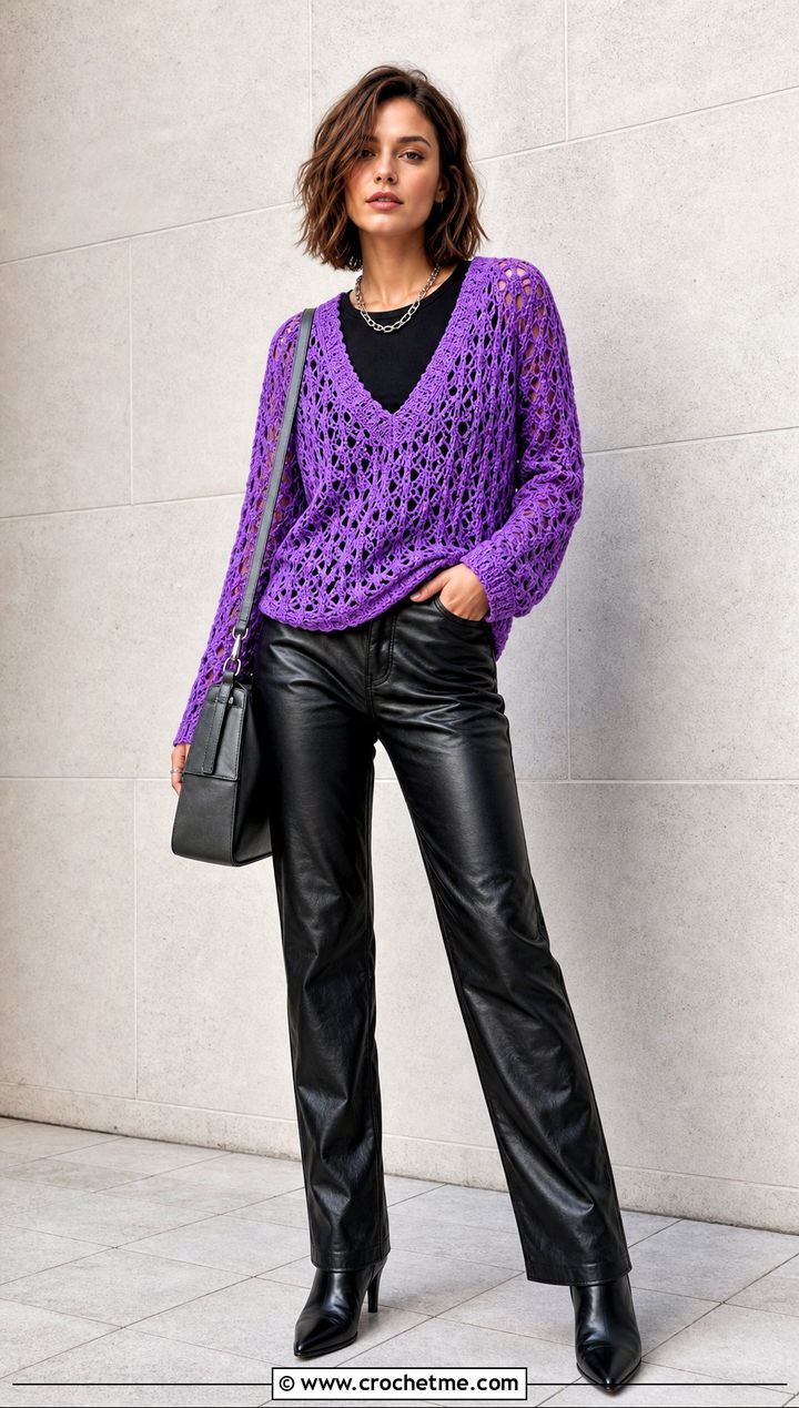 V Neck Lace Crochet Sweater With Leather Pants - 25 lace crochet sweater outfit ideas