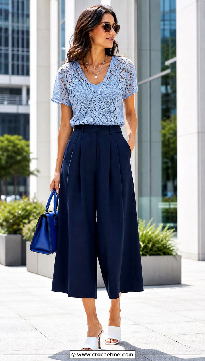 V Neck Lace Crochet Tee With Pleated Culottes - 15 summer lace crochet tee outfit ideas