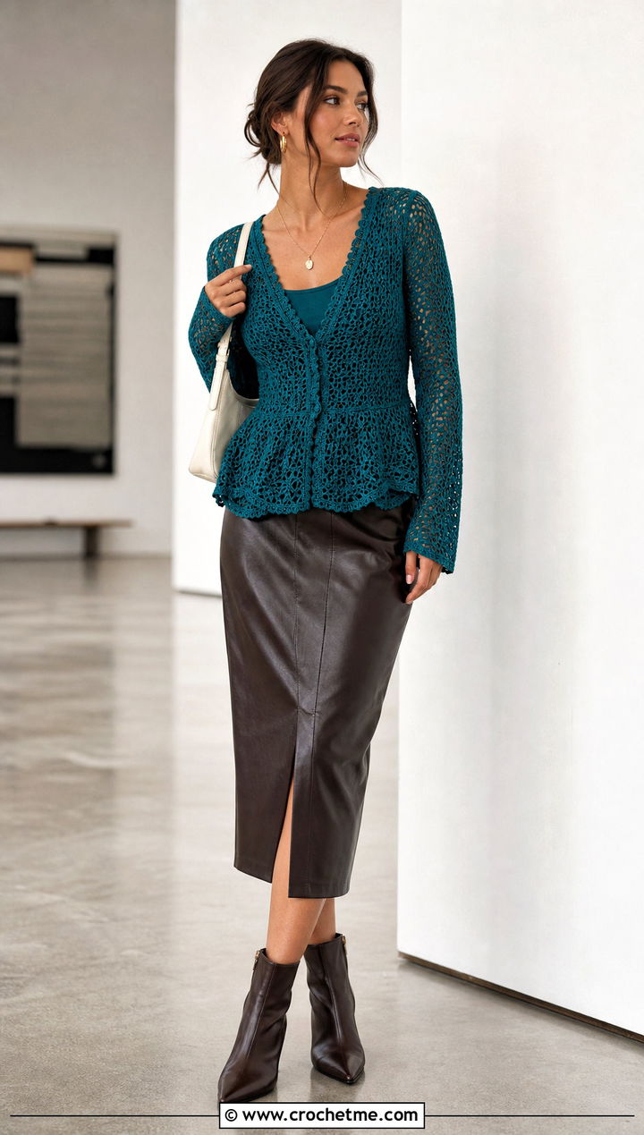 V Neck Lace Stitch Crochet Peplum Sweater With Leather Midi Skirt - 15 Crochet Peplum Sweater outfit ideas