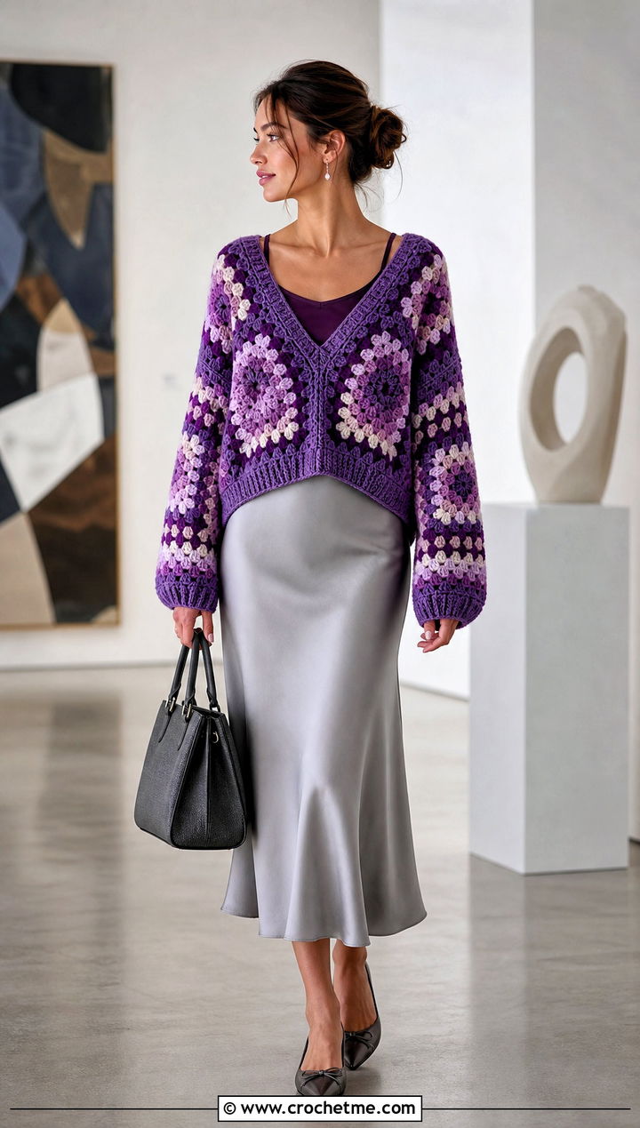 V Neck Large Granny Square Sweater With Satin Midi Skirt - 35 large granny square sweater outfit ideas