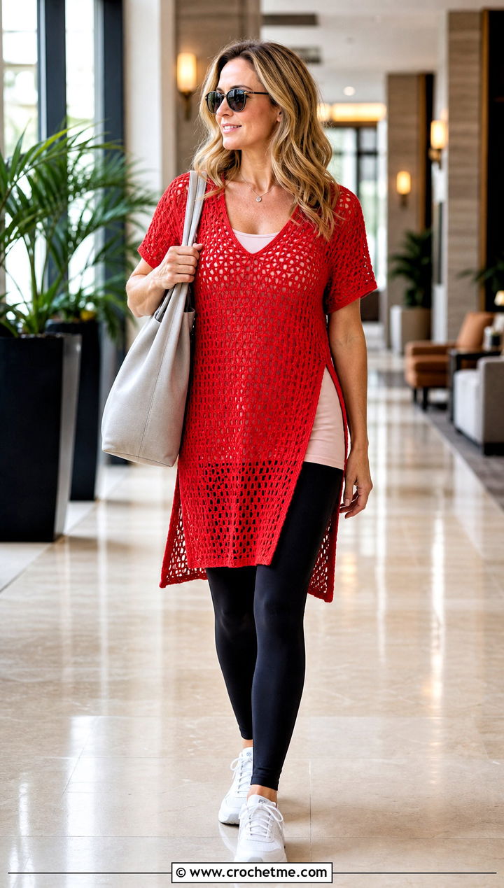 V Neck Lattice Crochet Tunic With Leggings - 30 crochet beach cover up top outfit ideas
