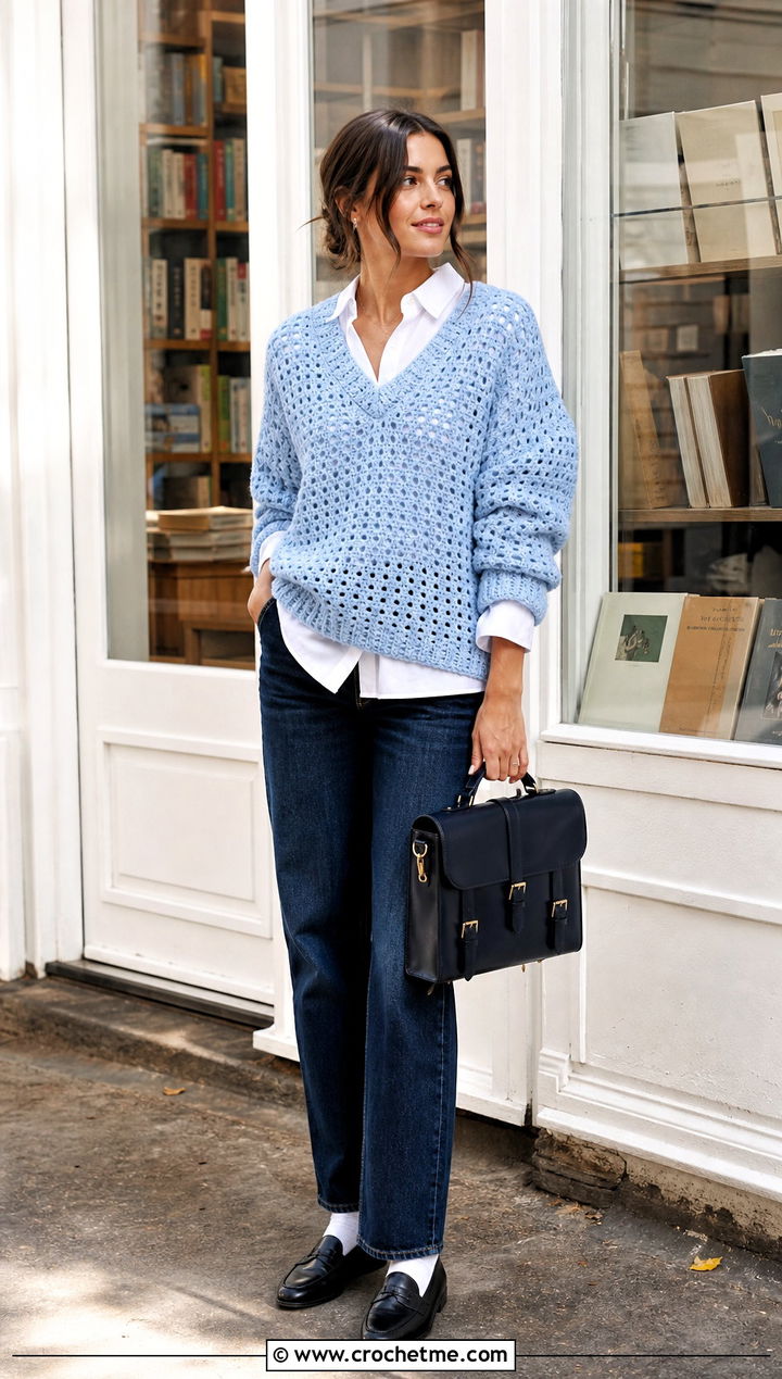 V Neck Loose Crochet Sweater With Shirt And Straight Jeans - 30 loose crochet sweater outfit ideas