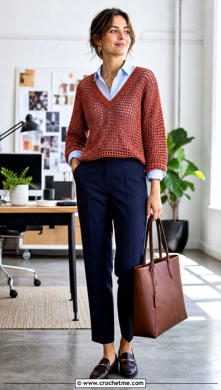 V Neck Mesh Crochet Sweater With Button Down Shirt - 30 mesh crochet sweater outfit ideas