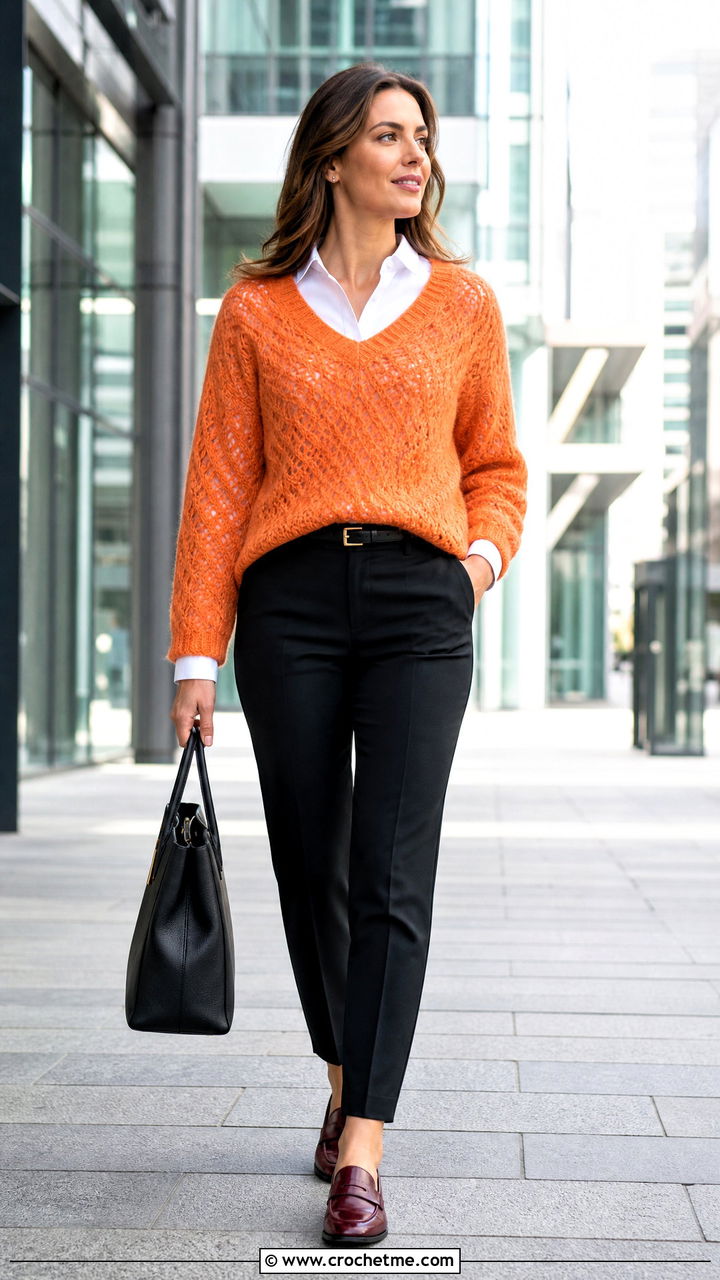 V Neck Mohair Crochet Sweater With White Button Down Shirt - 35 mohair crochet sweater outfit ideas