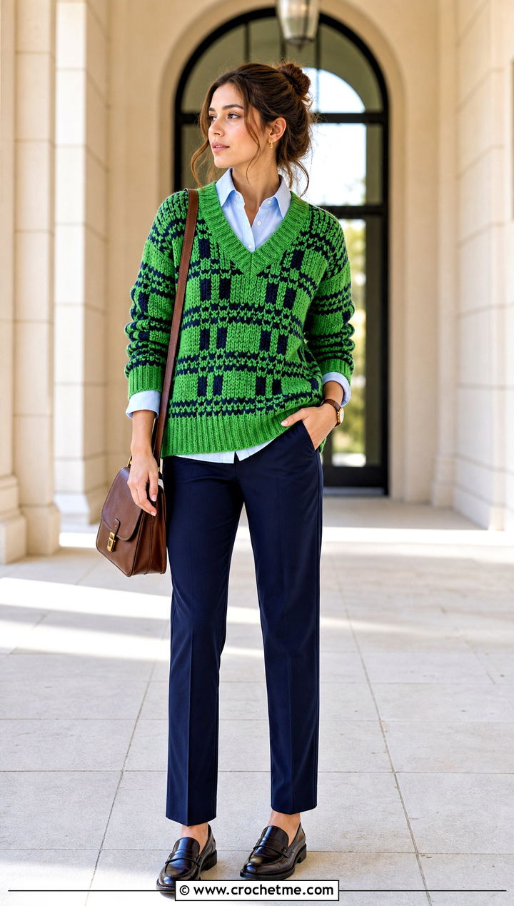 V Neck Mosaic Crochet Sweater With Button Down Shirt - 25 Mosaic Crochet Sweater outfit ideas