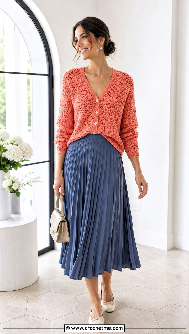 V Neck Moss Stitch Cardigan With Pleated Midi Skirt - 30 crochet moss stitch cardigan outfit ideas