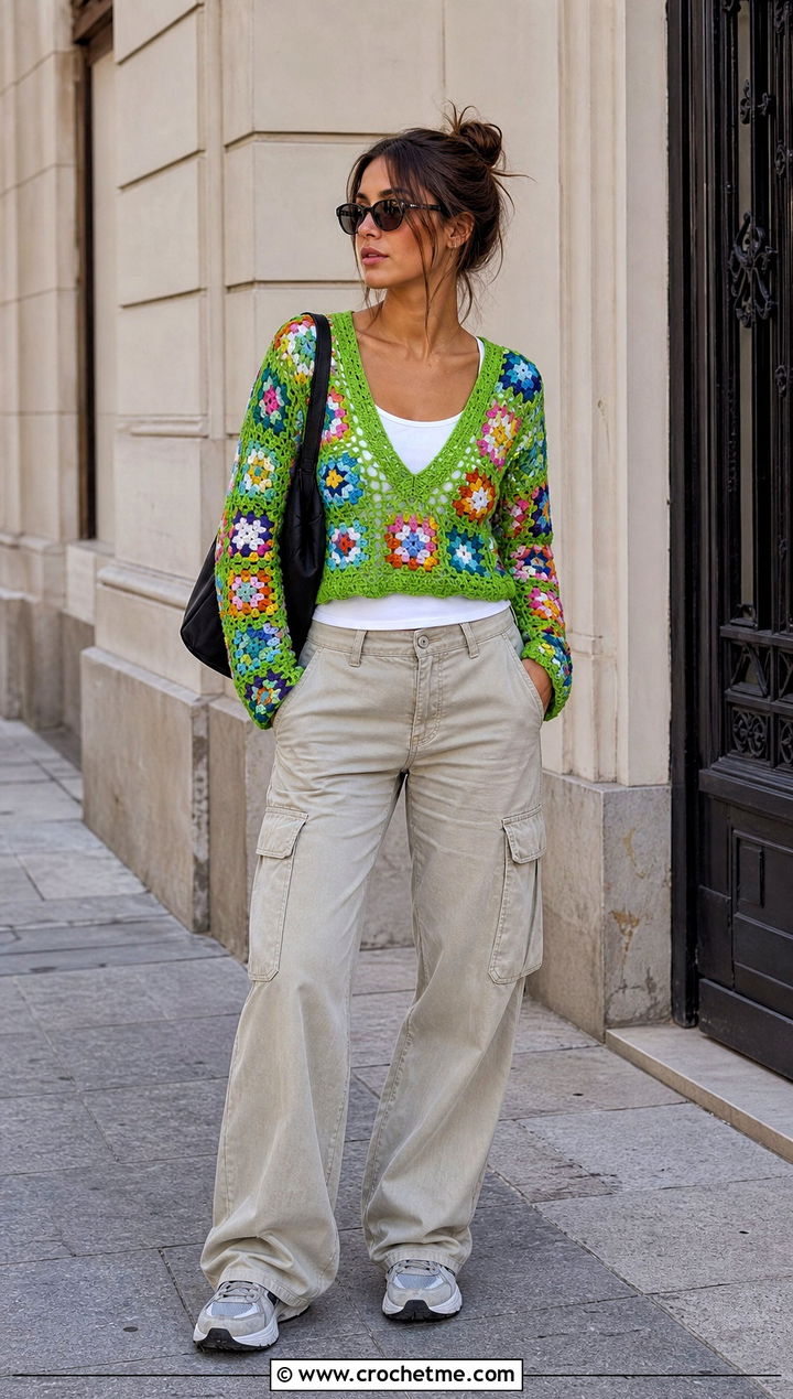 V Neck Multicolor Granny Square Long Sleeve Top With Cargo Pants - 20 Granny Square Long Sleeve Top outfit ideas