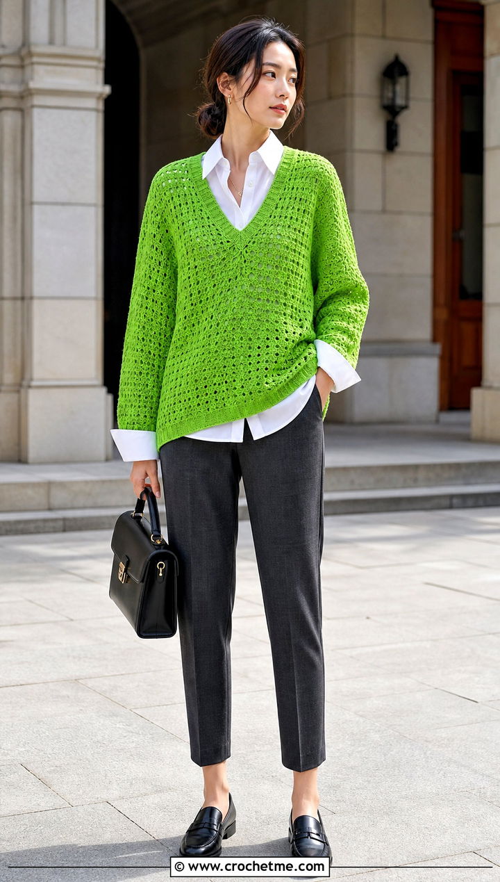 V Neck One Panel Crochet Sweater With White Shirt And Loafers - 30 One Panel Crochet Sweater outfit ideas