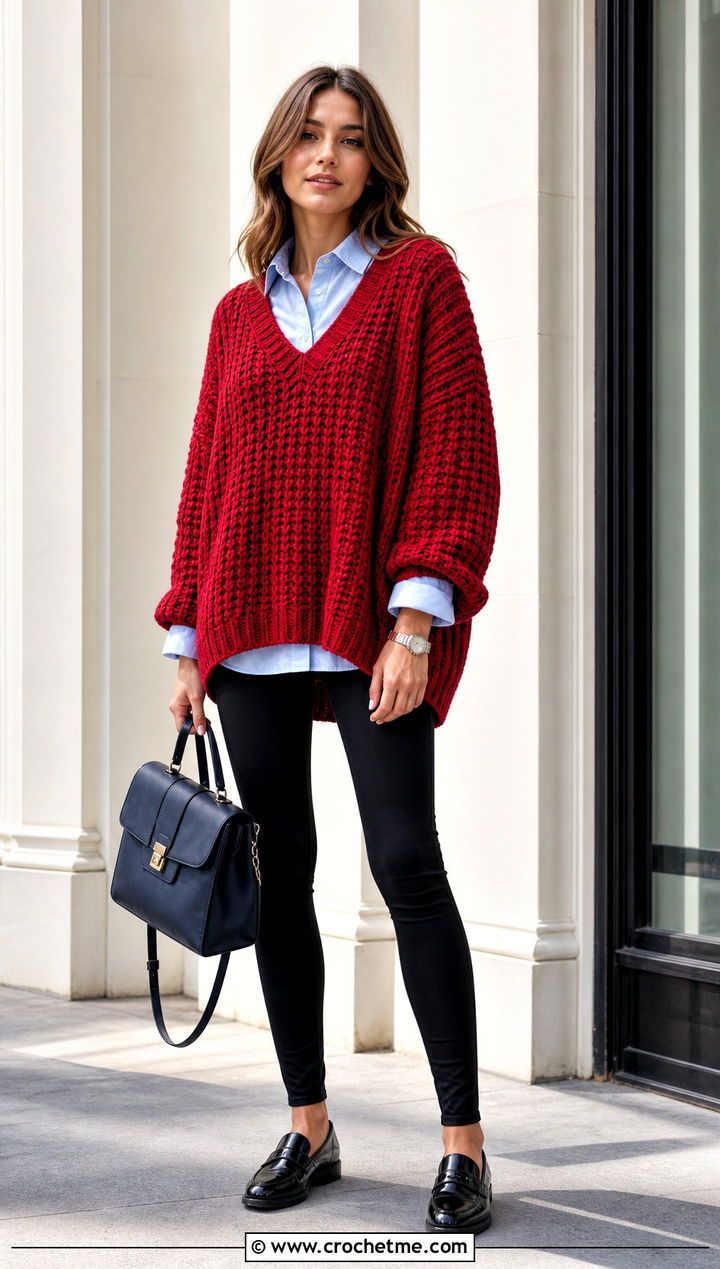 V Neck Oversized Crochet Jumper With Poplin Shirt And Leggings - 25 oversized crochet jumper outfit ideas