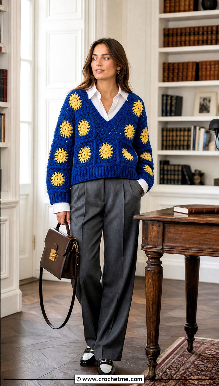 V Neck Oversized Granny Square Sweater With Collared Shirt And Pleated Pants - 30 oversized granny square sweater outfit ideas