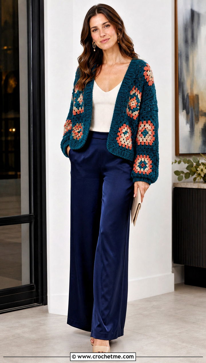 V Neck Oversized Granny Square Sweater With Satin Pants - 15 Crochet Oversized Granny Square Sweater outfit ideas