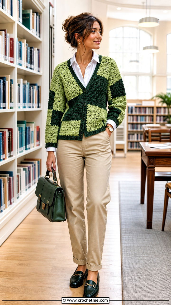 V Neck Patchwork Cardigan With White Shirt And Chinos - 35 crochet patchwork cardigan outfit ideas