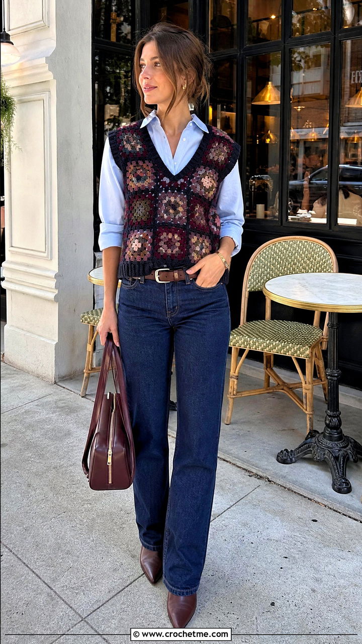 V Neck Patchwork Granny Square Sweater Vest With Dark Jeans - 35 granny square sweater vest outfit ideas