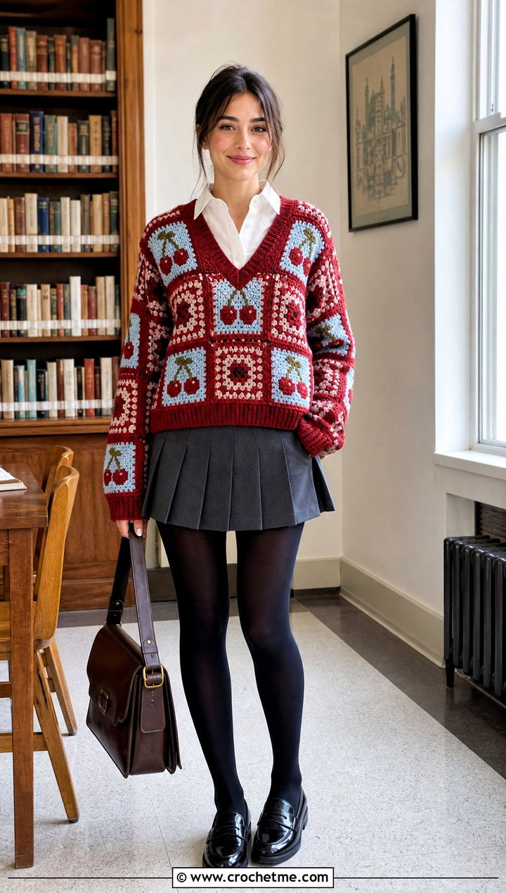V Neck Patchwork Jumper With Pleated Mini Skirt - 15 crochet patchwork jumper outfit ideas