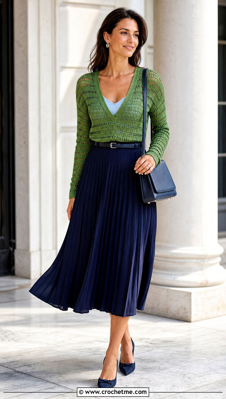 V Neck Pixie Crochet Sweater With Pleated Midi Skirt - 20 Pixie Crochet Sweater outfit ideas