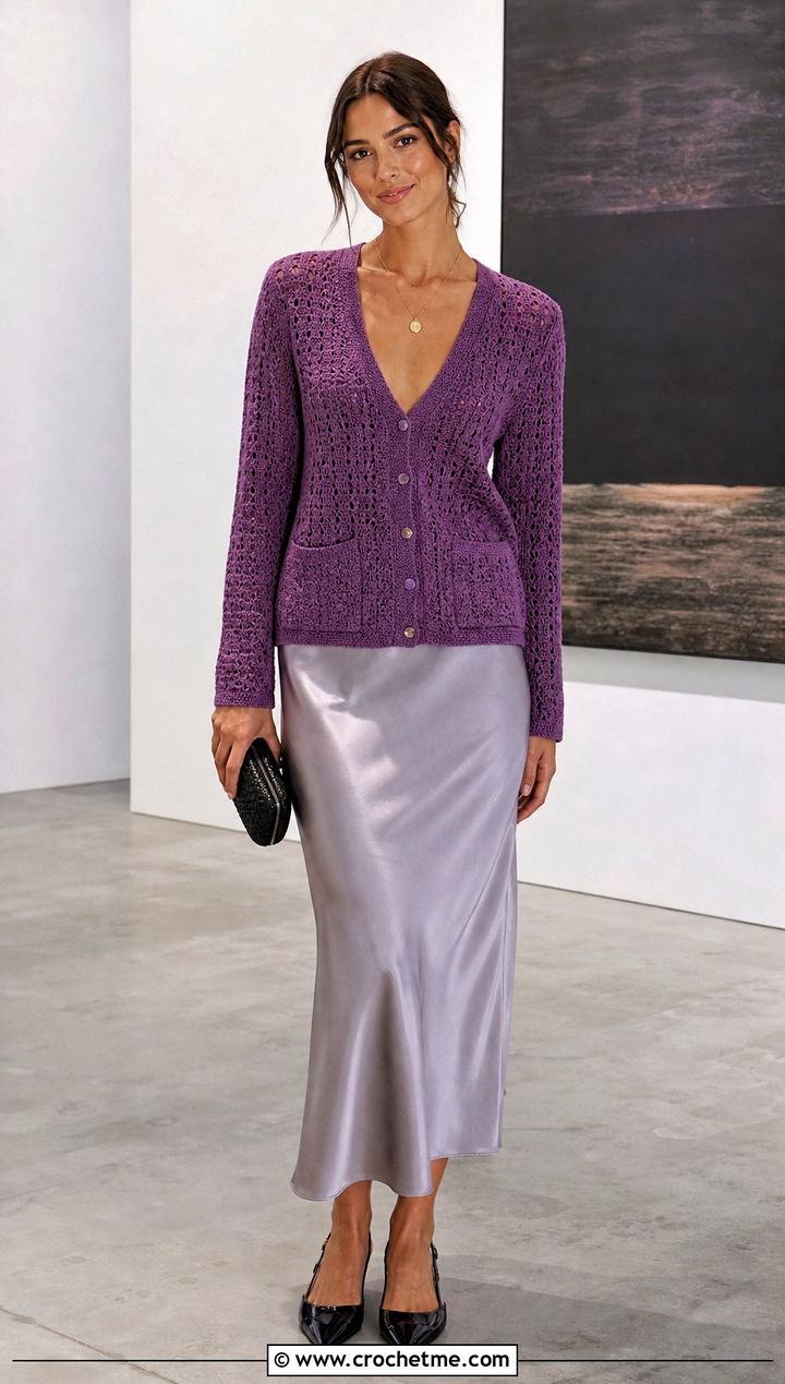 V Neck Pocket Crochet Cardigan With Satin Midi Skirt - 25 crochet sweater with pockets outfit ideas