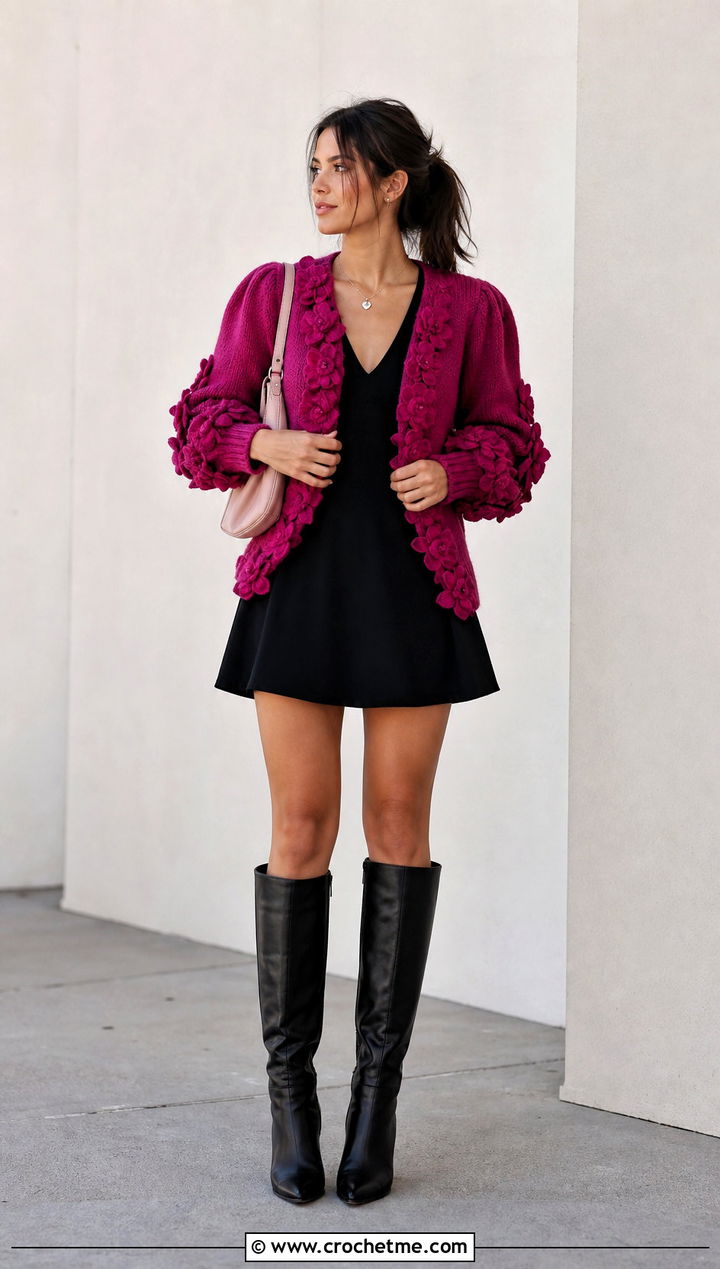 V Neck Puff Flower Cardigan With Mini Dress - 15 Crochet Puff Flower Cardigan outfit ideas