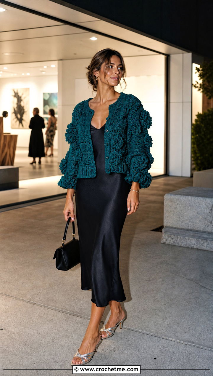 V Neck Puff Flower Crochet Cardigan With Slip Dress - 25 puff flower crochet cardigan outfit ideas