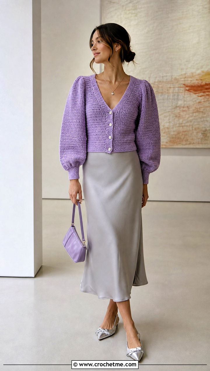V Neck Puffy Sleeve Cardigan With Bias Cut Skirt - 25 Crochet Puffy Sleeves Cardigan outfit ideas