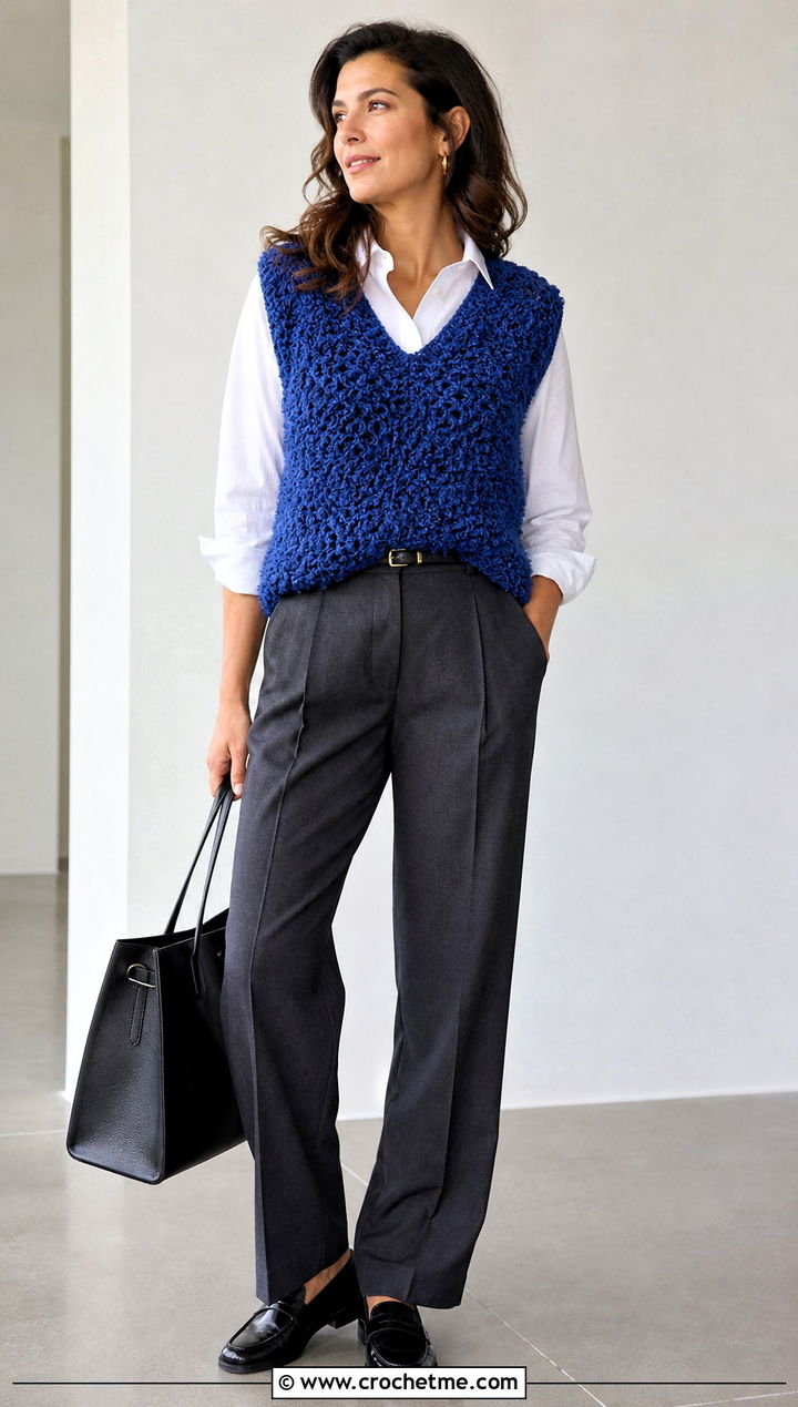 V Neck Pullover Loopy Crochet Vest With Tailored Trousers - 15 loopy crochet vest outfit ideas