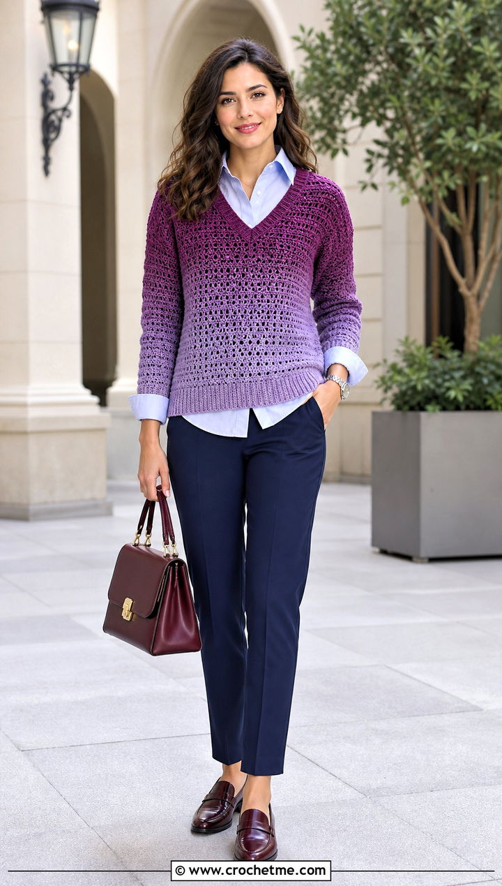 V Neck Purple Ombre Crochet Sweater With Button Down Shirt - 15 purple ombre crochet sweater outfit ideas