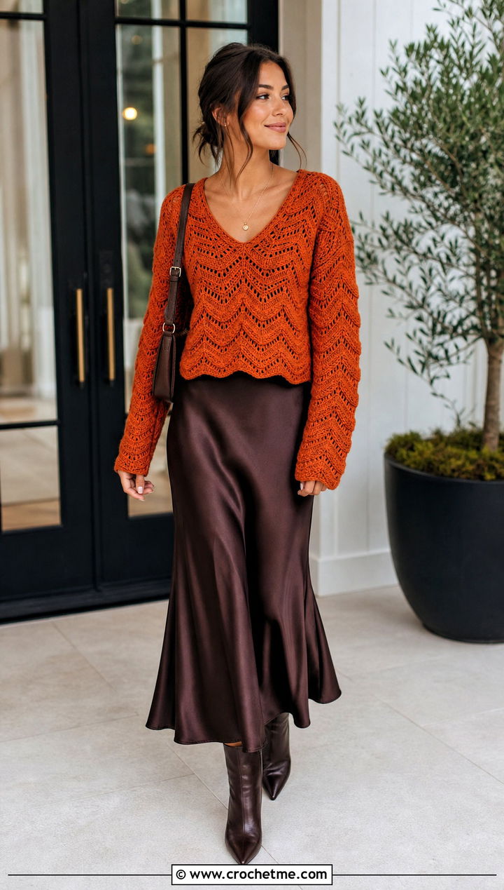 V Neck Ripple Sweater With Slip Dress - 30 crochet ripple sweater outfit ideas