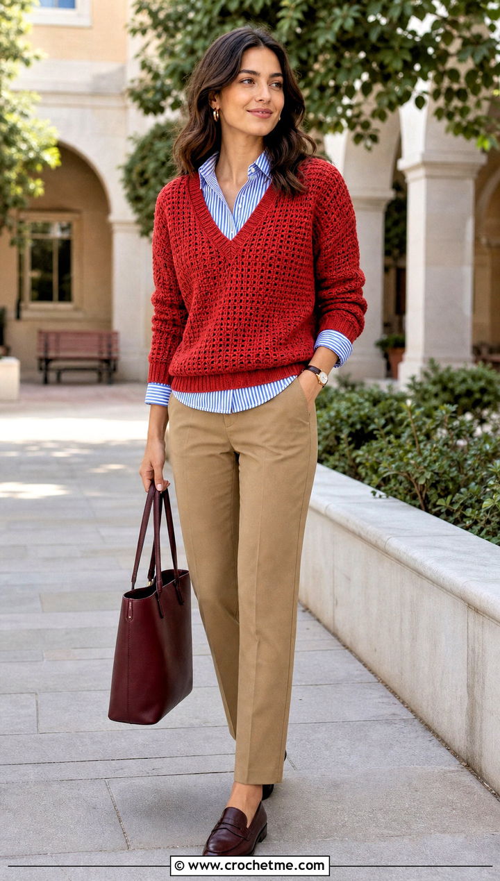 V Neck Rustic Red Crochet Sweater With Button Down Shirt - 15 rustic red crochet sweater outfit ideas