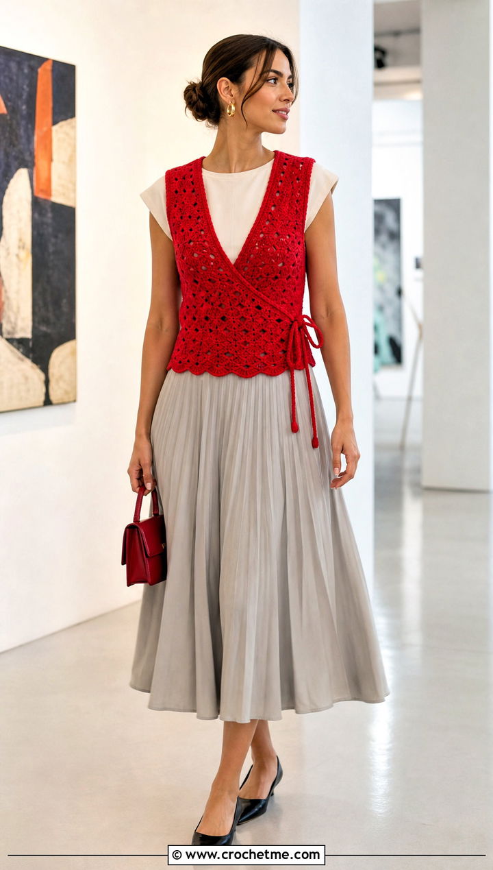 V Neck Side Tie Crochet Vest With Pleated Midi Skirt - 30 crochet vest tie sides outfit ideas