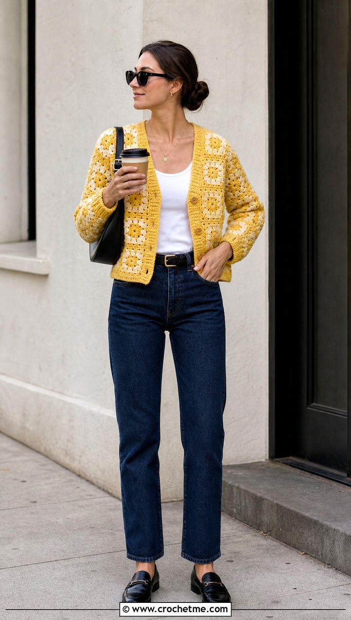V Neck Small Granny Square Cardigan With Straight Leg Jeans - 25 Small Granny Square Cardigan outfit ideas