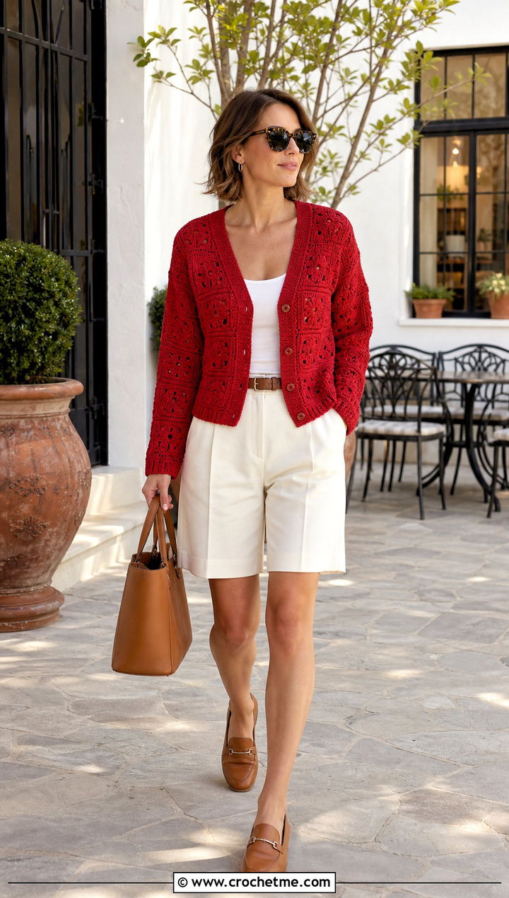 V Neck Solid Granny Square Cardigan With Bermuda Shorts - 20 Crochet Solid Granny Square Cardigan outfit ideas