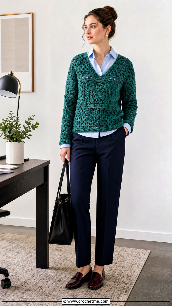 V Neck Solid Granny Square Jumper With Tailored Pants - 35 crochet granny square jumper outfit ideas