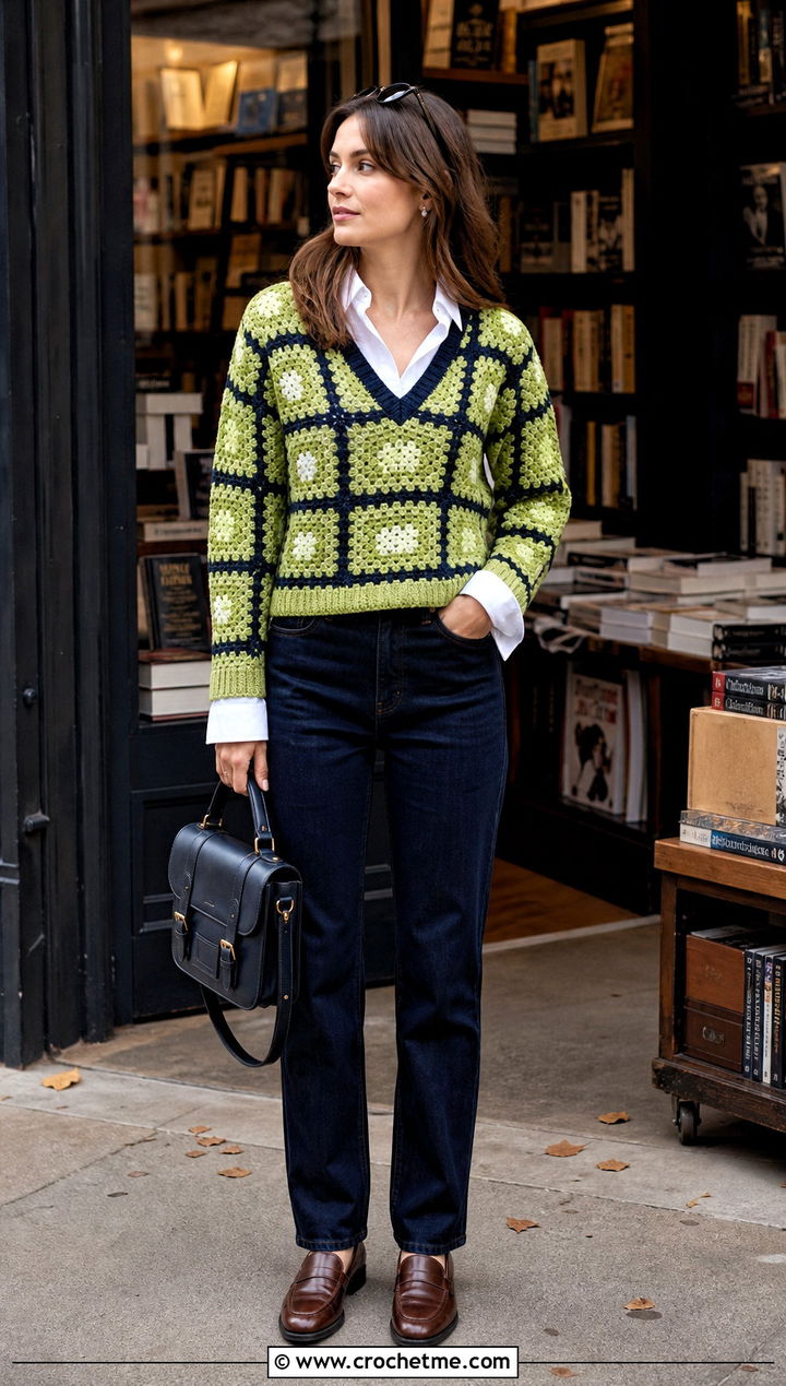V Neck Square Jumper With Collared Shirt - 30 crochet square jumper outfit ideas