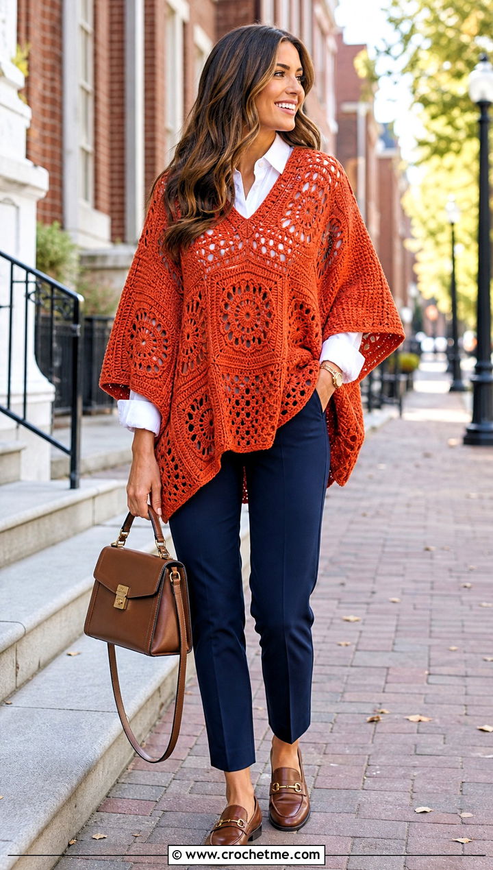 V Neck Square Poncho With Button Down Shirt - 30 crochet square poncho outfit ideas