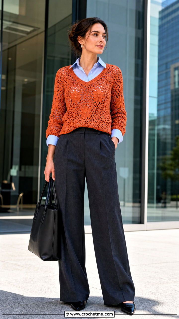 V Neck Star Sweater With Button Down Shirt And Suit Pants - 35 crochet star sweater outfit ideas