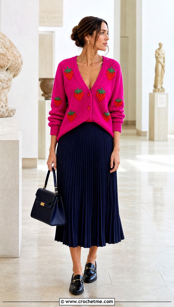 V Neck Strawberry Cardigan With Pleated Midi Skirt - 35 crochet strawberry cardigan outfit ideas